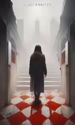 a person walking down stairs through a tunnel