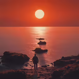 a man walks alone on the shore as the sun rises over a bay