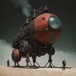a large, rusty, steam - powered locomotive is in the middle of an open area
