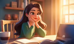 a cartoon girl is smiling and she looks bored at her computer