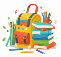 a backpack with books, pencils and markers