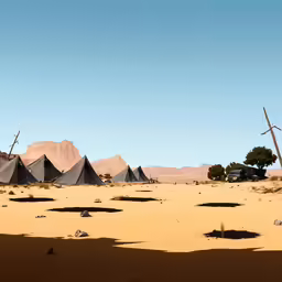 several tents with umbrellas in the desert