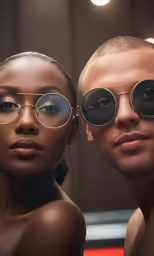 two black models wearing round metal framed glasses