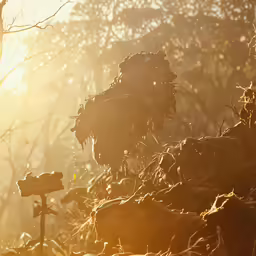 a wooden post in the woods at sunset