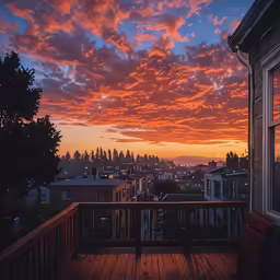 the sunset with pink clouds is over residential area