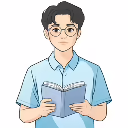 a man reading a book with glasses on