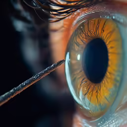 closeup of yellow colored human eye with a long thin blade of tinfoil
