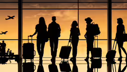 silhouettes of people with luggage are standing by an airport window,a group of people stand around waiting for their luggage