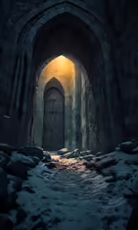 the doorway to an underground cave with ice and snow around it