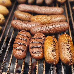 hotdogs, hamburger buns and potatoes on a grill