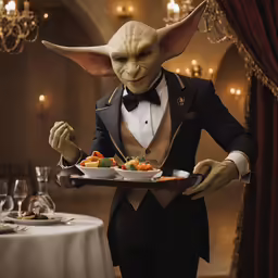 a yoda waiter serving food on a platter