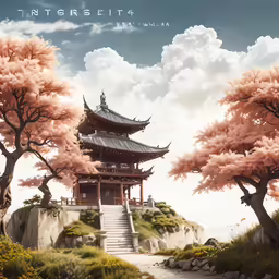 the pagoda in the landscape is surrounded by trees