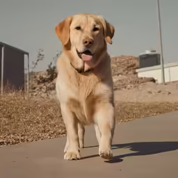 a tan dog running on pavement outdoors in a desert