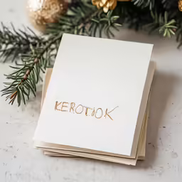white card with the words keratok on it near christmas ornaments