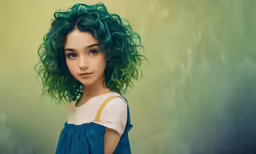 a woman with green hair and a dress standing in front of a wall