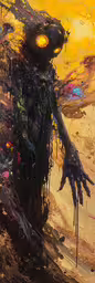 the strange painting is an art piece in a museum,a painting of a man in a monster suit is shown
