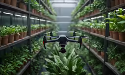 a remote control airplane sitting in front of many plants