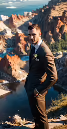 a man wearing a suit standing by some water