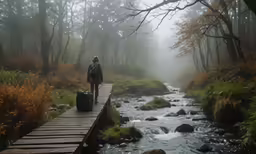 the person stands on the bridge with his suitcase next to a stream