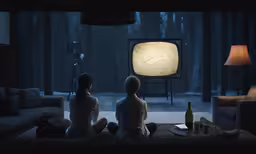 two women sit together in a dark living room watching television
