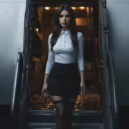 a woman is coming down a flight way wearing tight black skirt