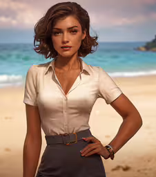 a woman is standing on a beach posing for a photo,a woman with her hands on her hips wearing a short dress