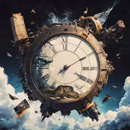 a clock on top of a floating island in the air