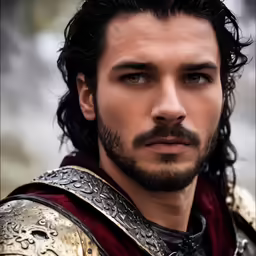 a man with long black hair is wearing armor