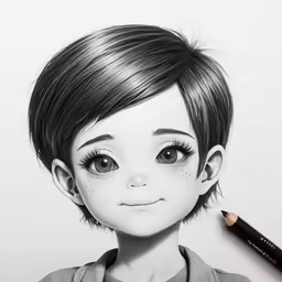 an animated drawing of a cartoon doll, with a pen on it