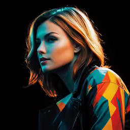 a woman with wavy hair and colorful blouse poses