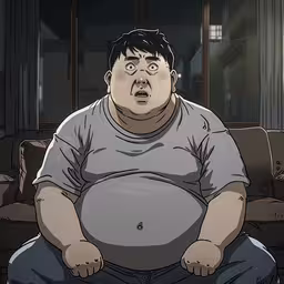 a fat man sitting on a couch with a surprised look on his face,the fat man is sitting on a couch