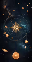 a gold star hanging from a dark sky filled with stars