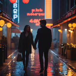 couple walk down a street holding hands