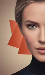 a woman in a black blouse has an orange triangle on the back of her neck