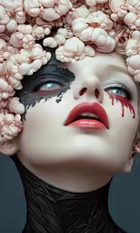 a close - up of a face with red eyeliners, a wreath of flowers on her head and the image painted white
