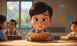 three people with faces of children, sitting at desks
