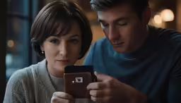 a woman and a man are looking at an electronic device