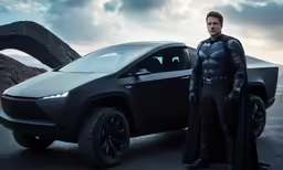 the man in black caped suit next to a futuristic vehicle