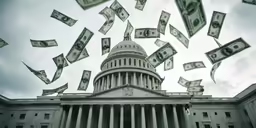 the capitol building is white with lots of bills flying in front