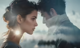 a man and woman standing in front of some clouds