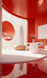 a round, modern kitchen with red walls and white cabinetry