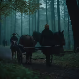some people riding a horse and buggy through the woods