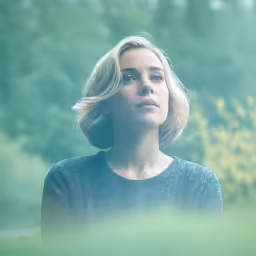 the woman looks out to the trees, as she looks at something