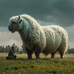 a man sitting in a field with a giant sheep