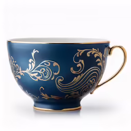 a blue cup has gold trimming around it