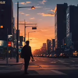 a man is standing on the street in front of an urban setting