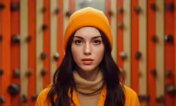 a girl in a orange hat looks at the camera
