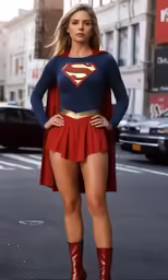 a sexy woman dressed as superman stands on the street