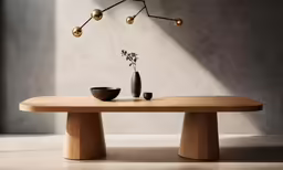 a modern wooden dining table with two vases