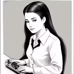 a woman wearing a shirt and tie using a computer
